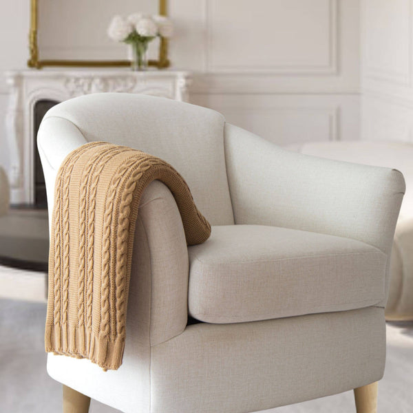 Luna Cable Knit Cotton Throw-Beige